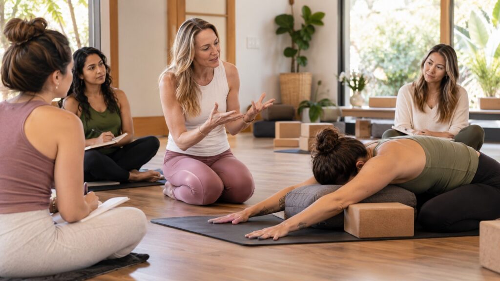 Trauma-informed yoga teacher training environment showing a small group with choice-based cueing and a gentle, supportive atmosphere.