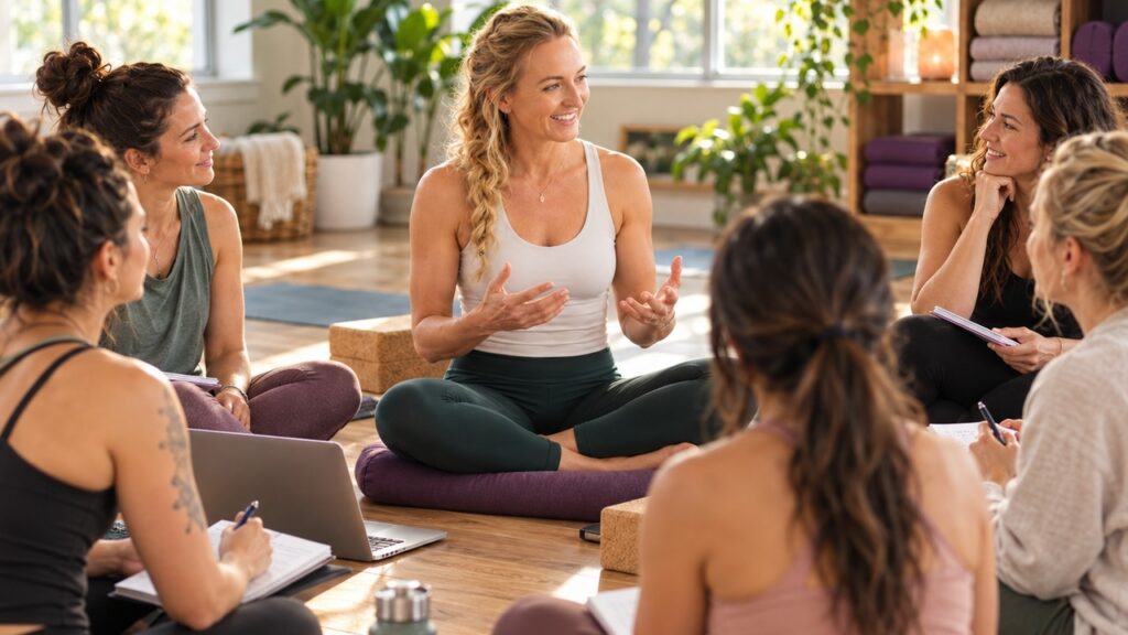 Brett Larkin speaking with prospective yoga teacher training students in a small group discussion
