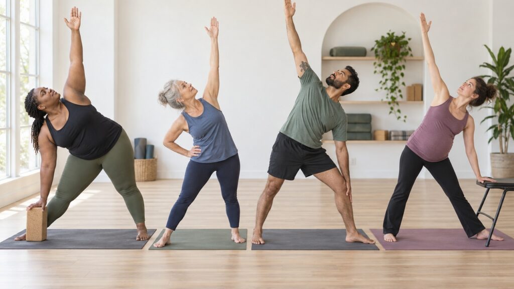 Multiple body types practicing the same yoga pose with adaptations, showing why yoga teacher training curriculum must account for anatomical variation.