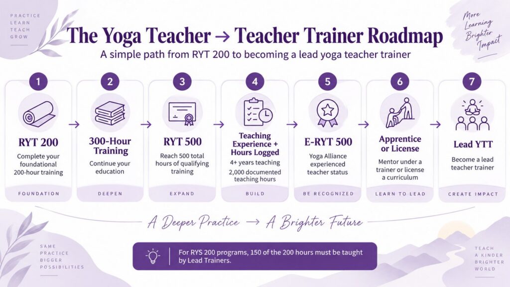 Roadmap infographic showing the path from RYT 200 to becoming a Yoga Alliance E-RYT 500 lead teacher trainer.