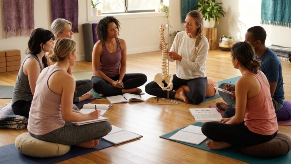 Brett Larkin teaching an anatomy lesson in a yoga teacher training program, showing students structural variation.