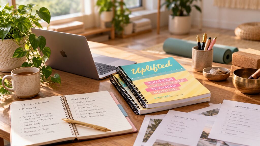 Behind the scenes of Brett Larkin's printed yoga teacher training manuals and curriculum planning materials.