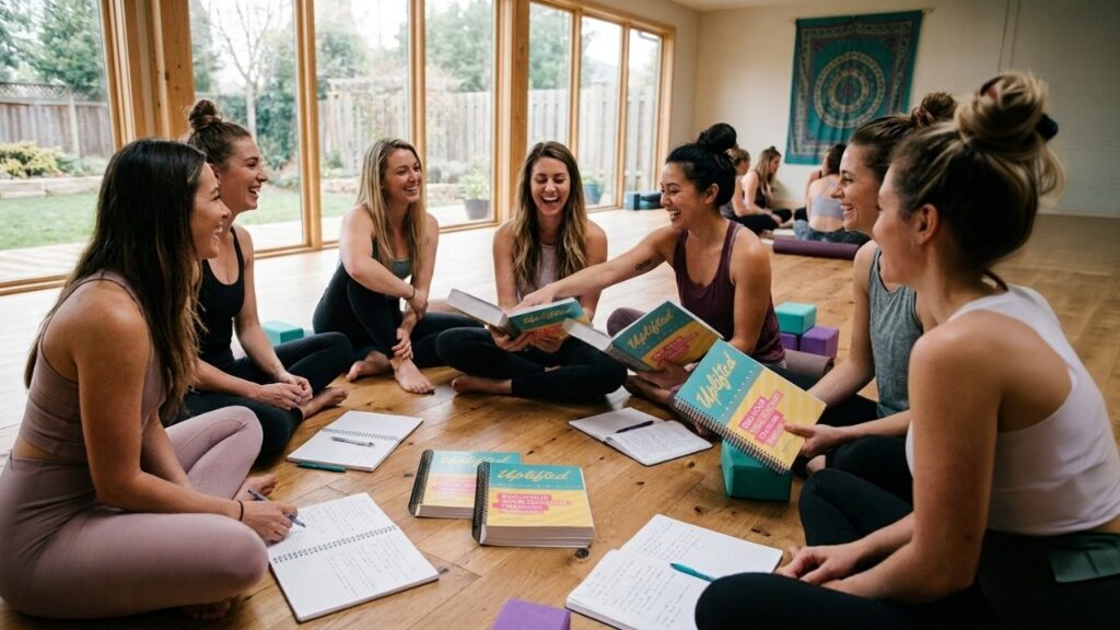 Yoga teacher training students gathered in a small group with manuals and notebooks during a practice teaching and feedback session.
