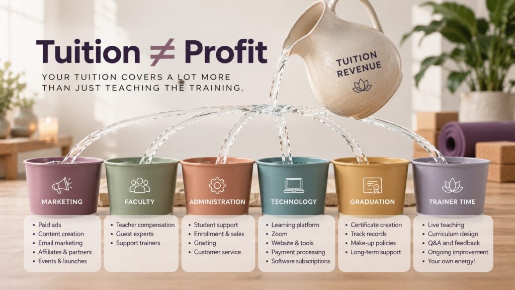 Graphic illustrating that yoga teacher training tuition does not equal profit, showing costs of marketing, faculty, admin, technology, graduation, and trainer time