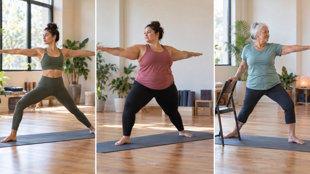 Three different body types practicing Warrior II with adaptations, showing anatomical variation in yoga