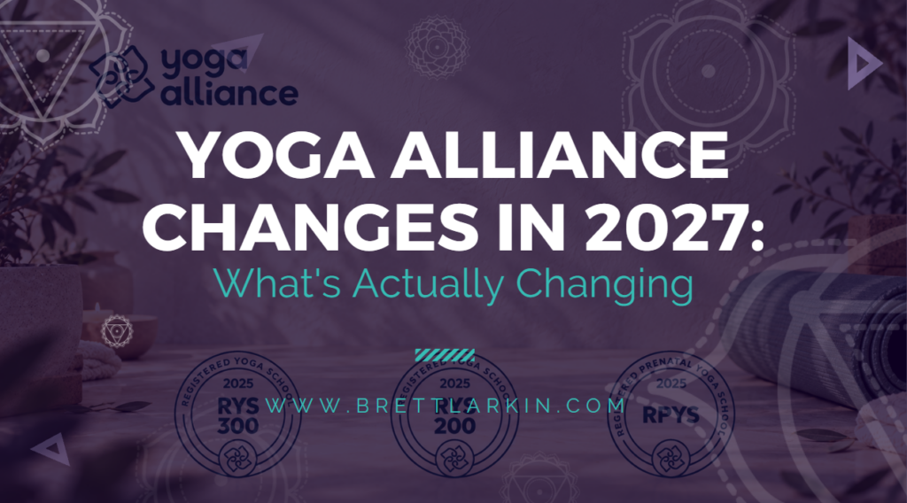Yoga Alliance 2027 changes explained, featuring RYS 200, RYS 300, and prenatal yoga school certification badges